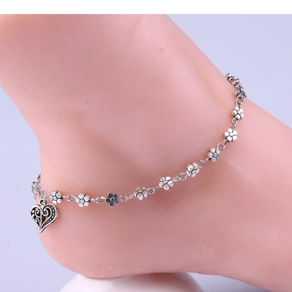 Women Silver Bead Chain Anklet adjustable with flowers and a heart.